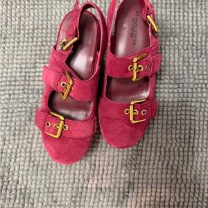 Charlotte Stone Fuchsia Suede Sandals with Gold Buckles